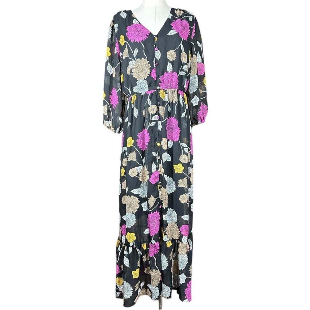 Lane Bryant Womens Long Maxi Dress Sz 12 Black Floral Boho Button Front Romantic
